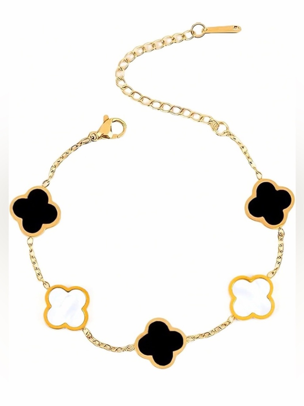 Gold Tone Black and White Clover Link Bracelet - Picture 2 of 5